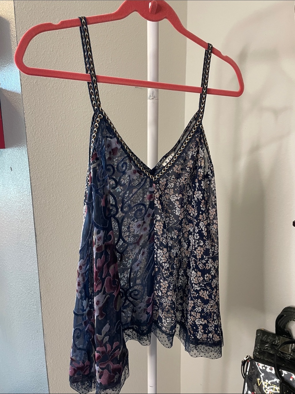POL navy floral patchwork sheer tank with embroidered straps - Picture 2 of 6